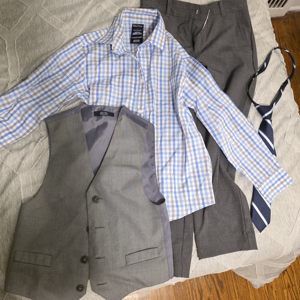 Nautica Gray Suit Vest with Blue Checkered Shirt.